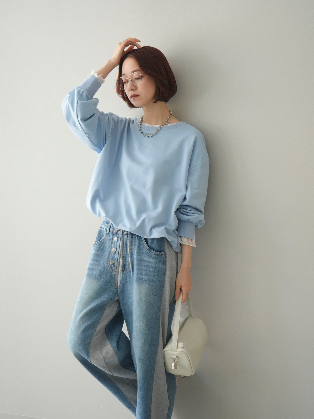 [予約]袖レースカットバルーンプルオーバー/sax