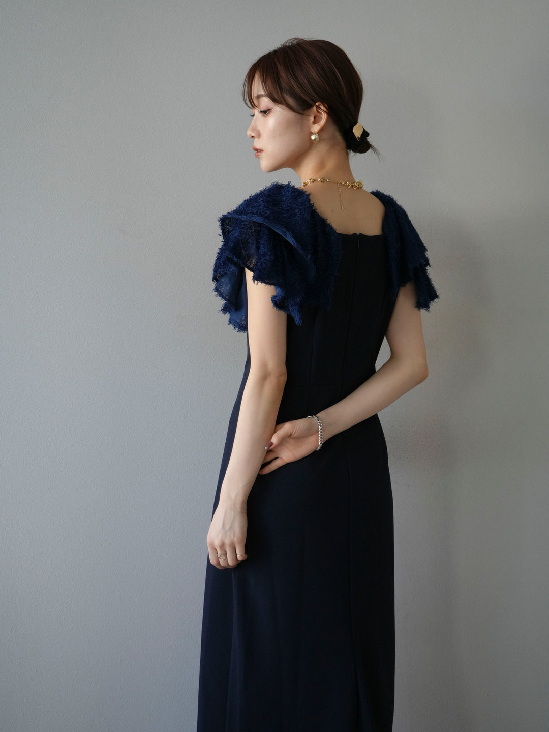 [予約]ジャガードフレアスリーブドレス/ネイビー