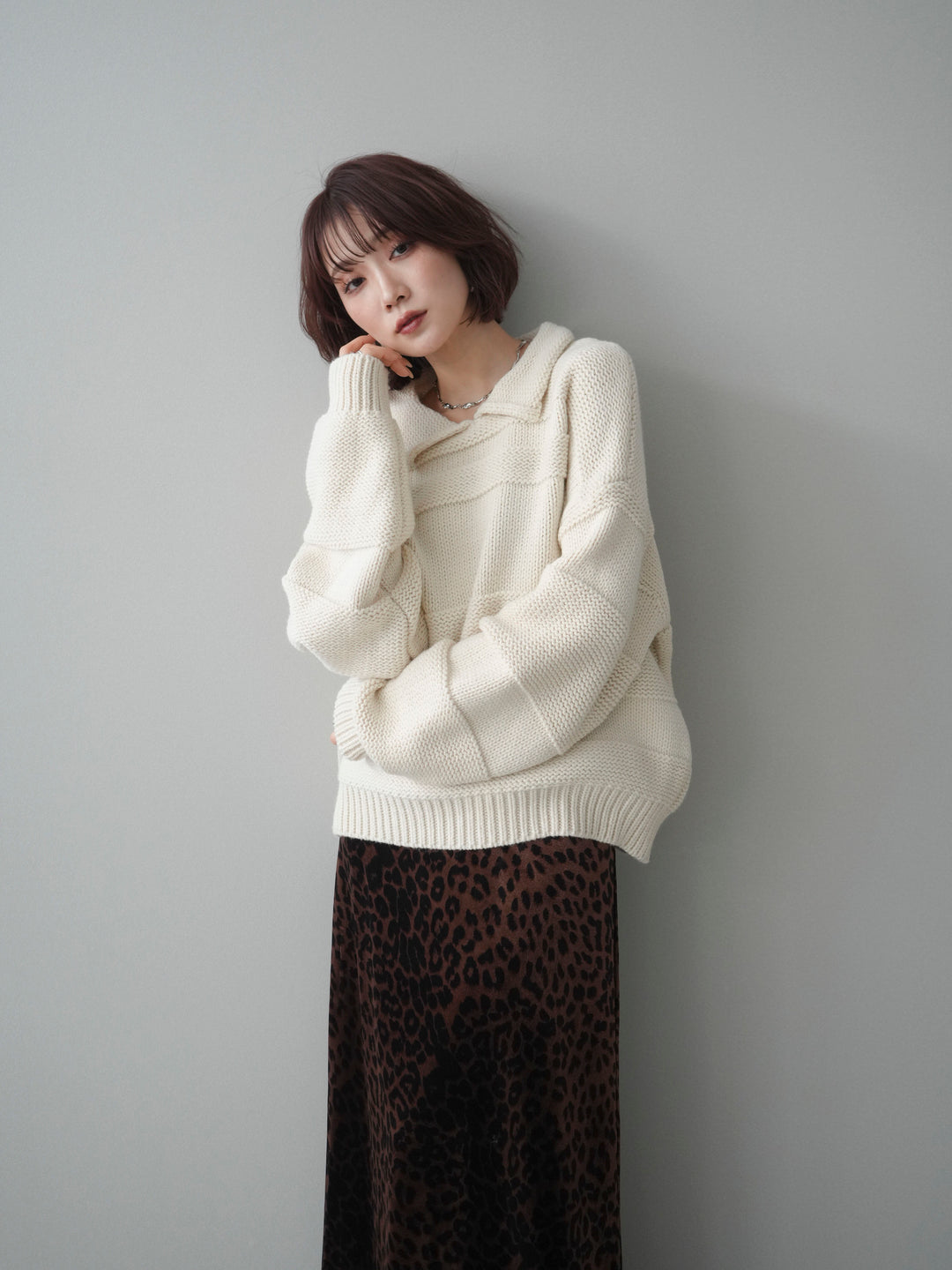 [SET]襟付きボーダー編みニットプルオーバー+選べるアクセセット(2set)