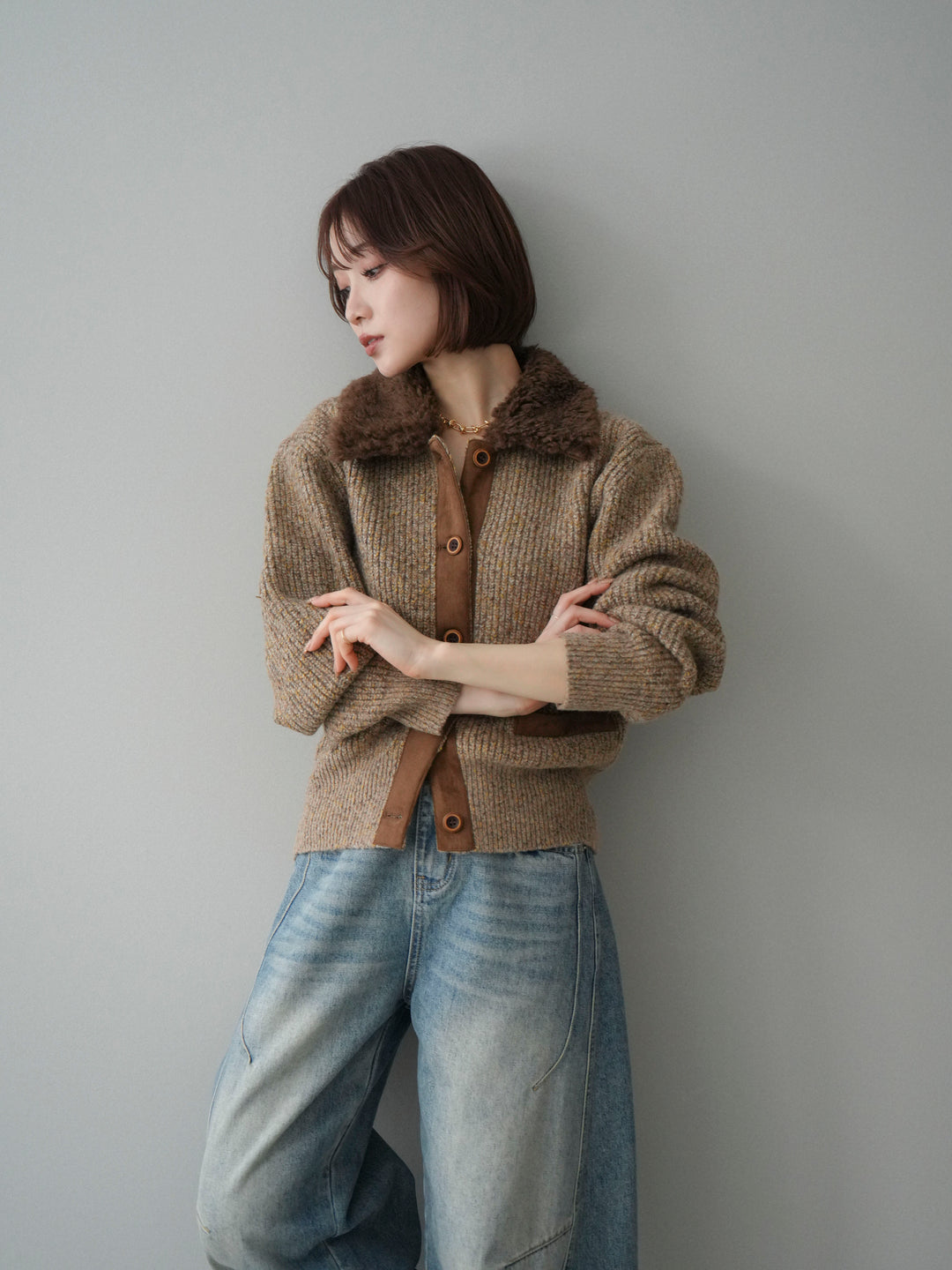 [SET]襟ボアミックスヤーンニットカーディガン+ベルト付カーブデニムパンツ(2set)