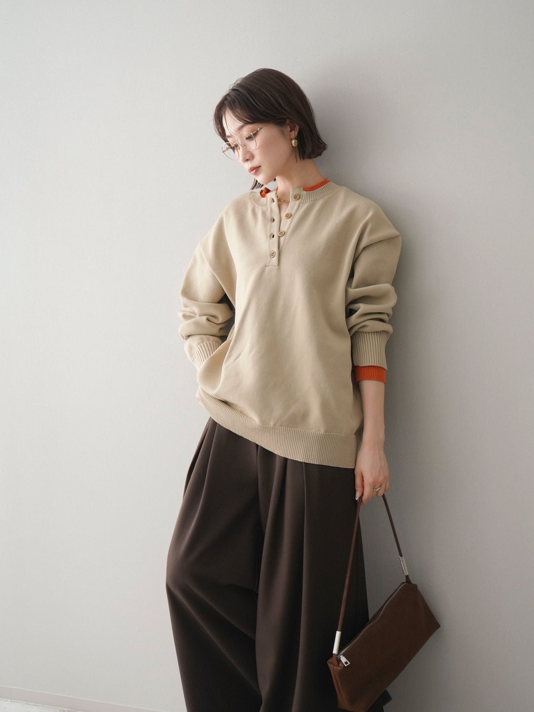 [予約]2WAYネック配色レイヤードニットプルオーバー/beige