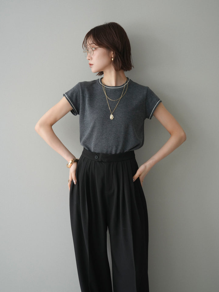 [SET]配色ハーフスリーブニットトップス+メニータックワイドパンツ(2set)