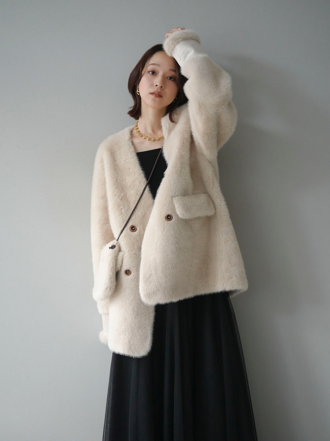 [SET]バッグ付エコファーノーカラーコート+チュールボリュームスカート(2set)