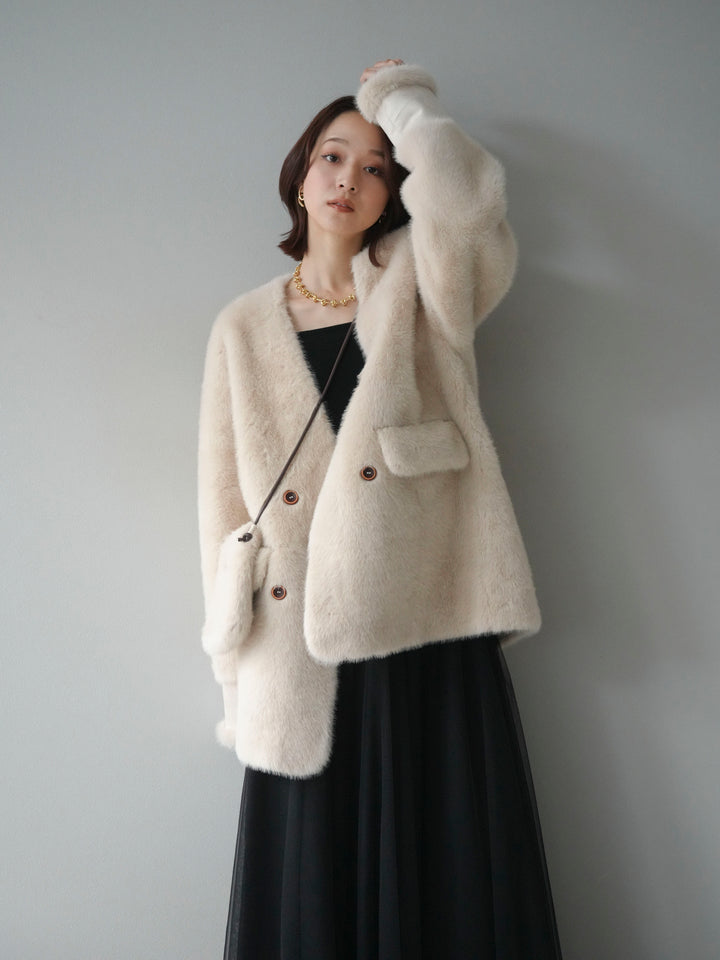 [SET]バッグ付エコファーノーカラーコート+チュールボリュームスカート(2set)