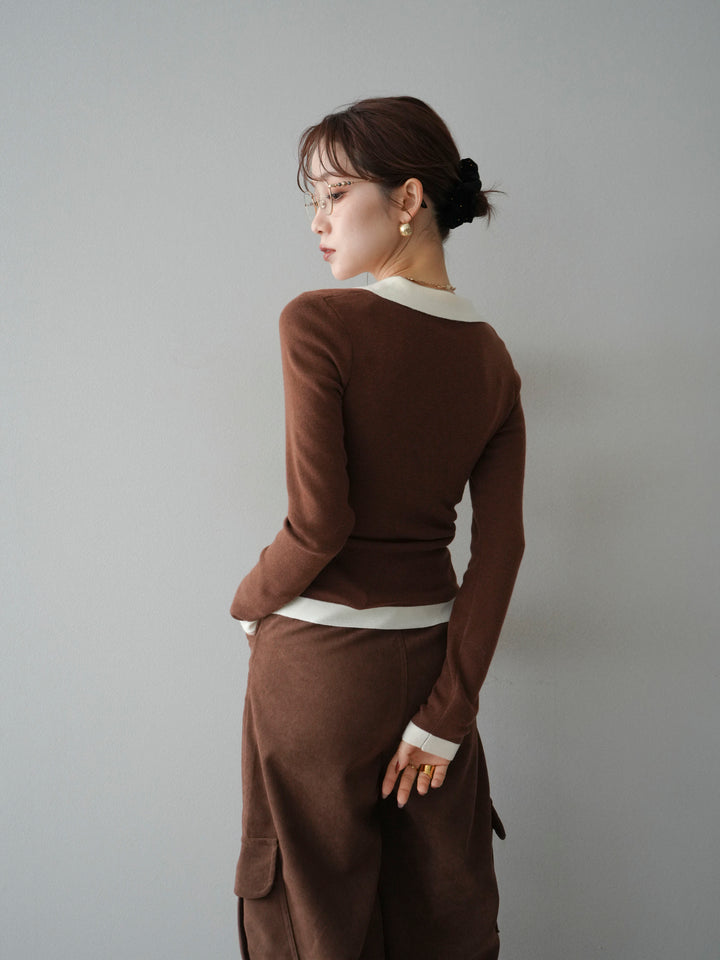 [予約]レイヤード配色ポロニットトップス/brown