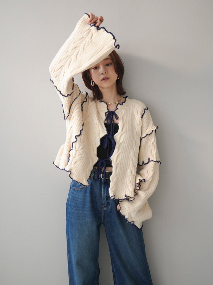 [SET]フロントリボン配色メローニットカーディガン+裏起毛裾フリンジワイドデニムパンツ(2set)