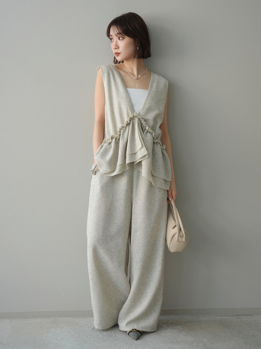 [SET]3WAYミックスツイードギャザーオールインワン+選べるアクセセット(2set)