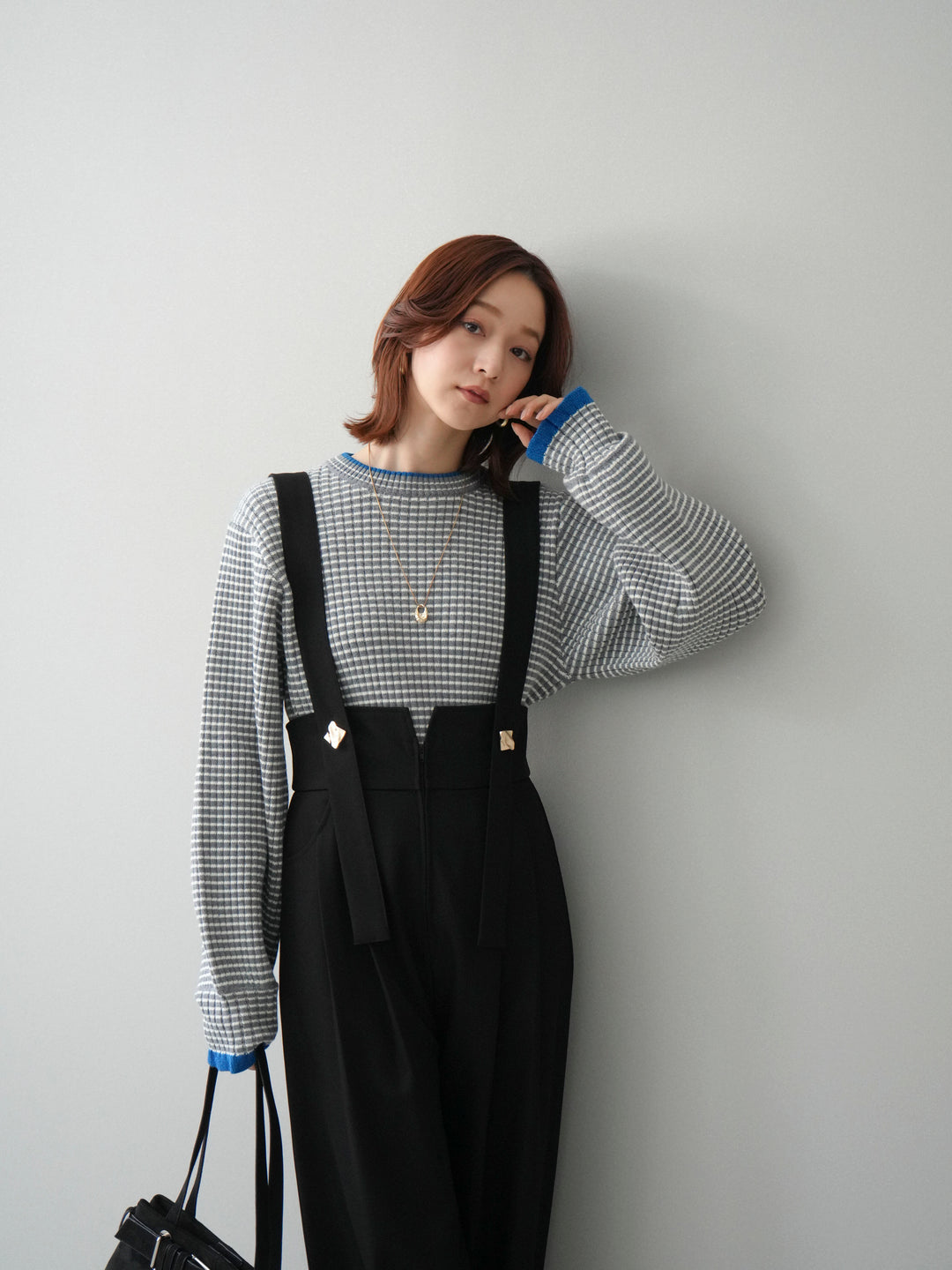 [SET]ラメ異素材ボーダーリブニットプルオーバー+ゴールドボタンサスペンダーワイドパンツ(2set)