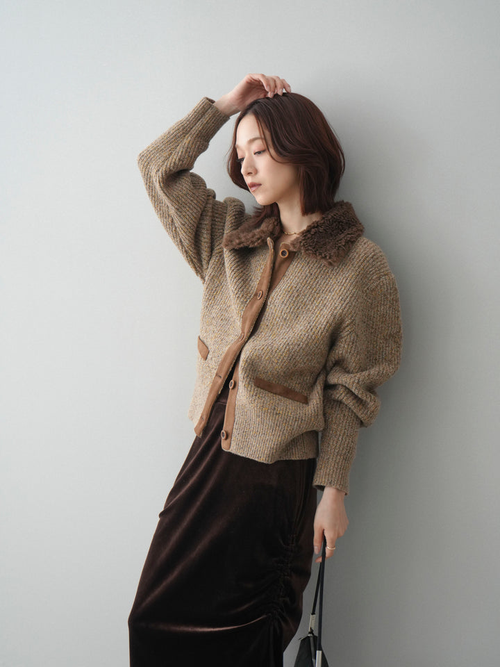 [SET]襟ボアミックスヤーンニットカーディガン+ギャザーベロアスカート(2set)
