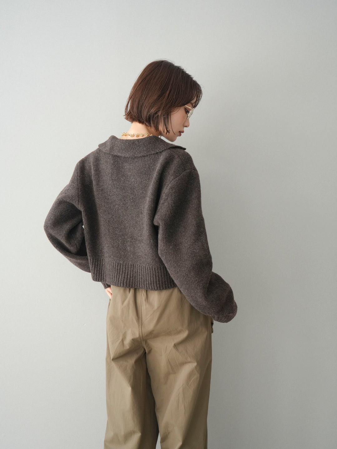 [予約]メランジニット襟付きクロップドカーディガン/brown