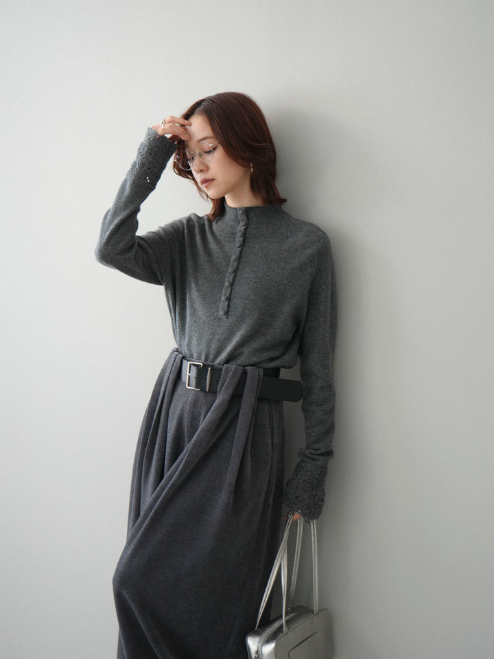 [SET]袖スカラップレースフロントボタンウールニットトップス+ベルトデザインループコールテンワイドパンツ(ベルト付き)(2set)