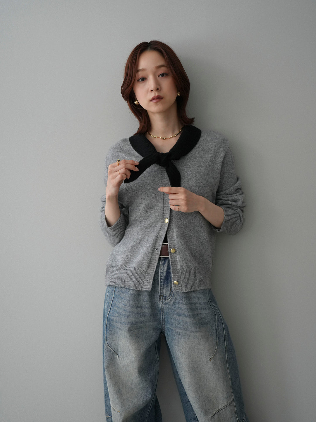[予約]デザイン襟ニットカーディガン/gray