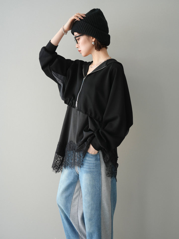 [予約]バイカラー異素材ライトポンチクロップドZIPフーディー/black