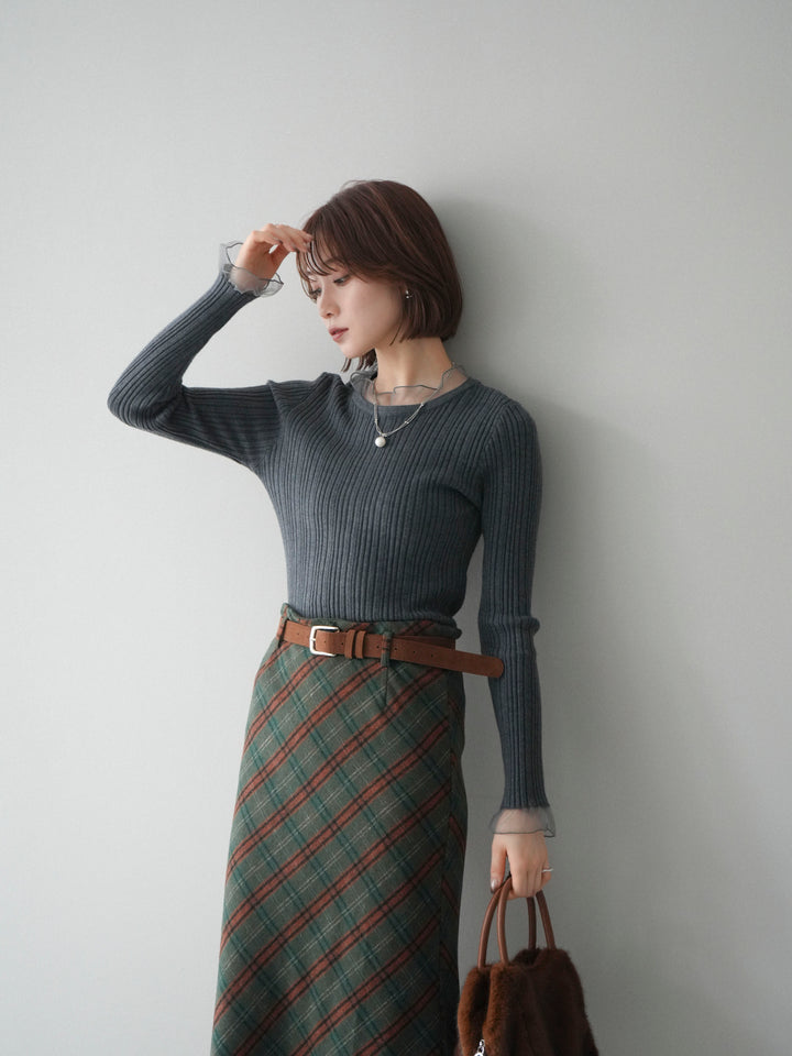 [SET]チュールドッキングリブニットトップス+ベルト付チェック柄ナロースカート(2set)