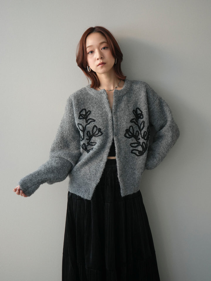 [SET]テープ刺繍ホック開きブークレニットカーディガン+ベロアティアードワッシャースカート(2set)