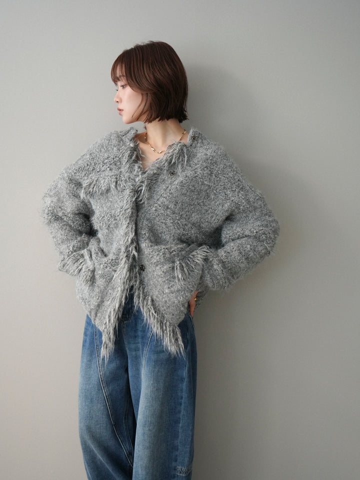 [予約]ミックスヤーンフリンジデザインニットジャケット/gray