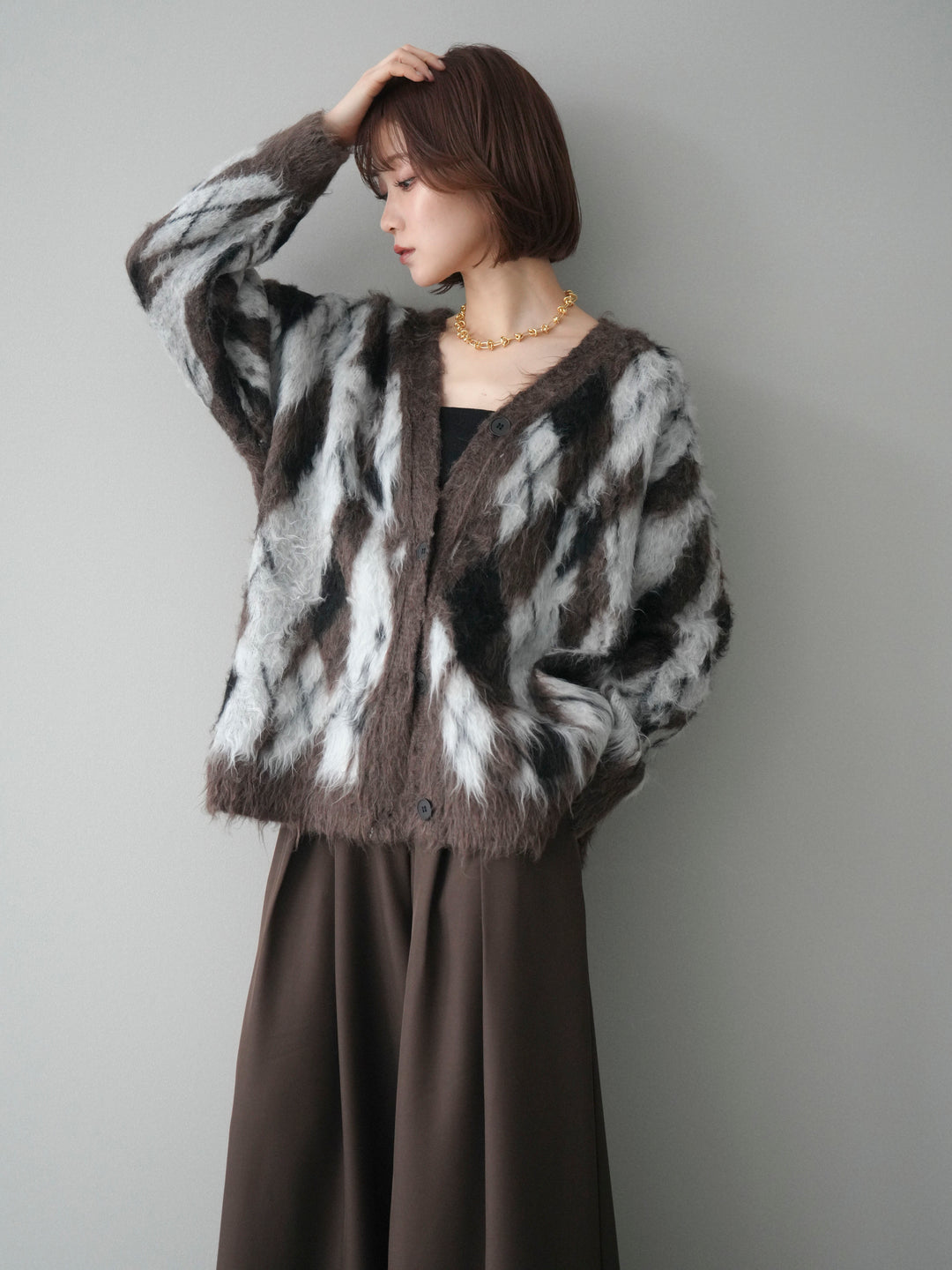[予約]アーガイル柄シャギーニットカーディガン/brown