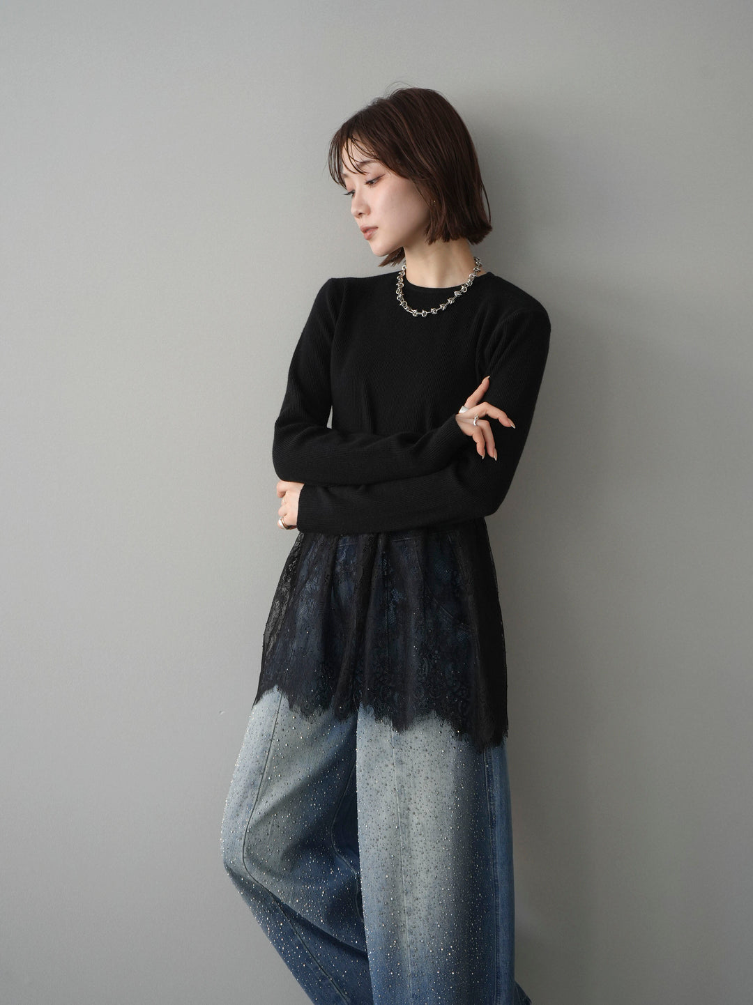 [予約]クルーネックレースドッキングリブニットトップス/black