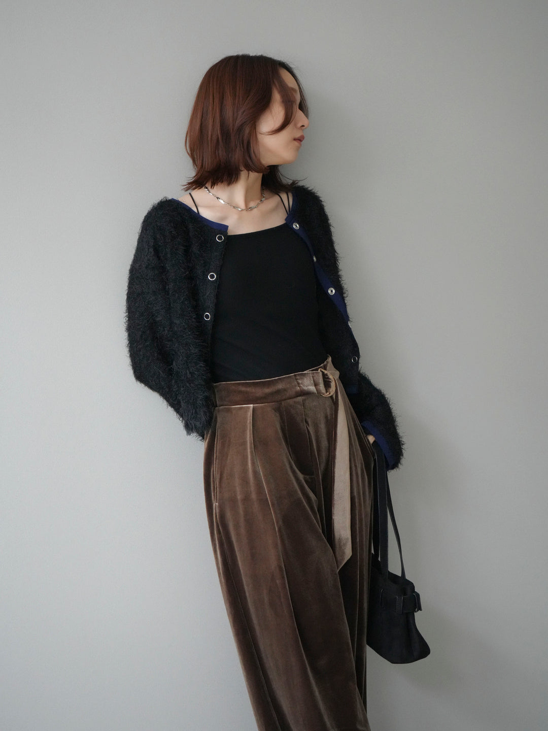 [予約]バイカラー2WAYシャギーニットカーディガン/black