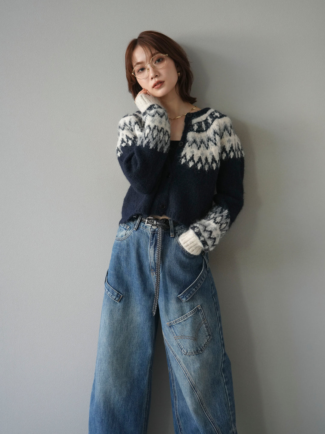 【着回しセット】[SET]求心柄クロップドニットカーディガン+ミックスヤーンペイズリー柄ニットカーディガン+ペインターカーブデニムパンツ(3set)