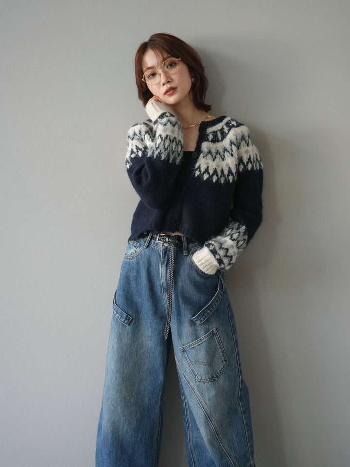 【着回しセット】[SET]求心柄クロップドニットカーディガン+ミックスヤーンペイズリー柄ニットカーディガン+ペインターカーブデニムパンツ(3set)