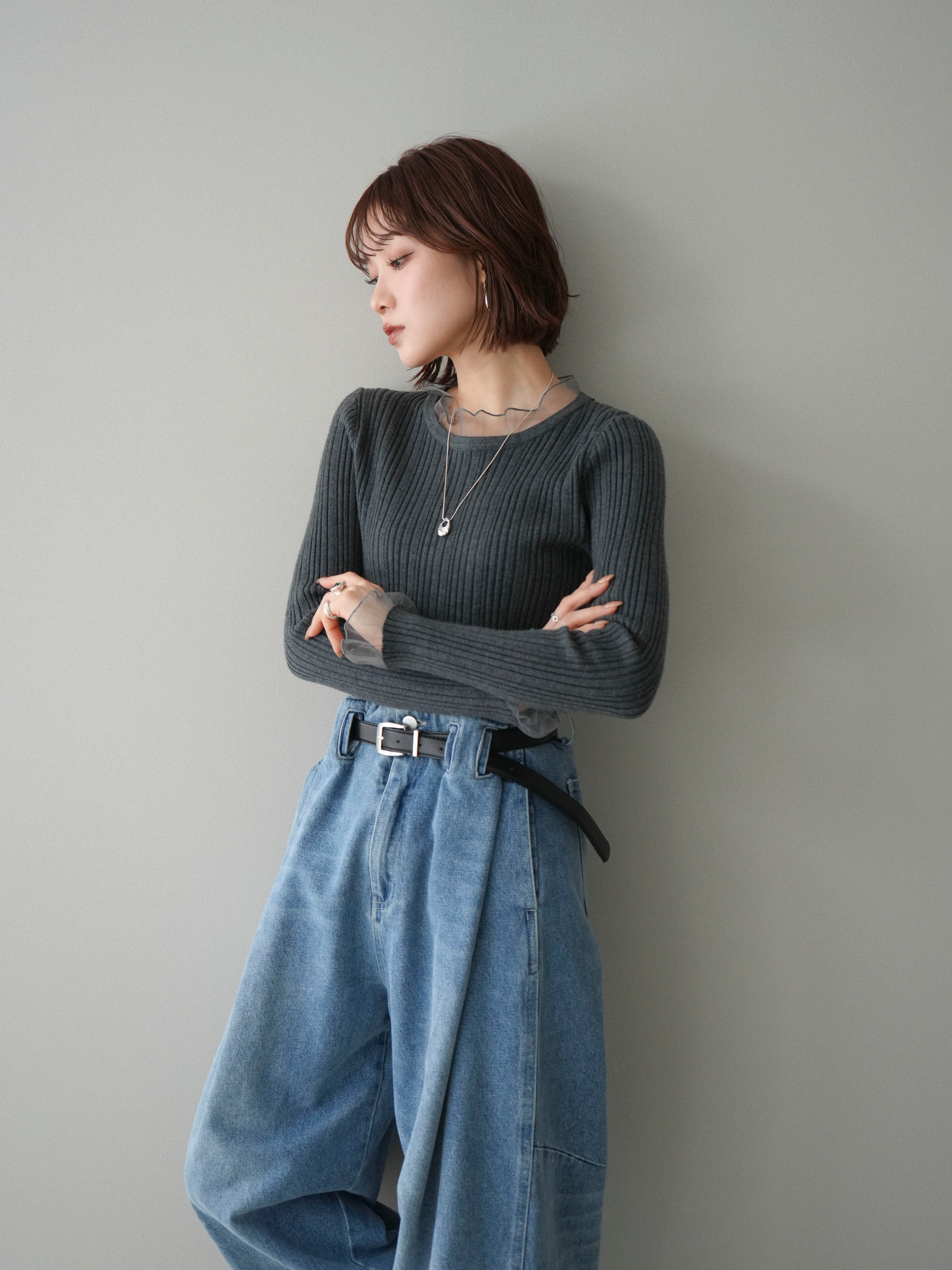 SET]チュールドッキングリブニットトップス+ハイウエストベルトループ
