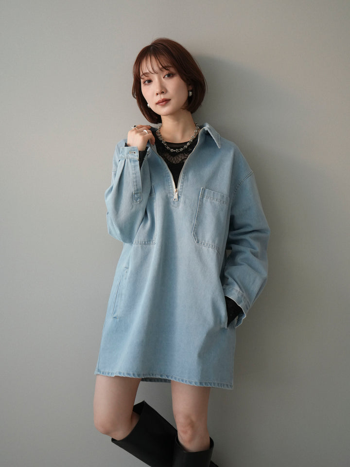 [SET]ハーフジップデニムミニワンピース+チュールレーストップス(2set)