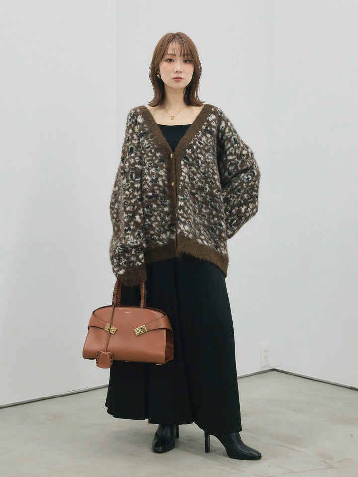 【Allure】[SET]レオパードシャギーニットカーディガン+ウールタッチフレアスカート(2set)