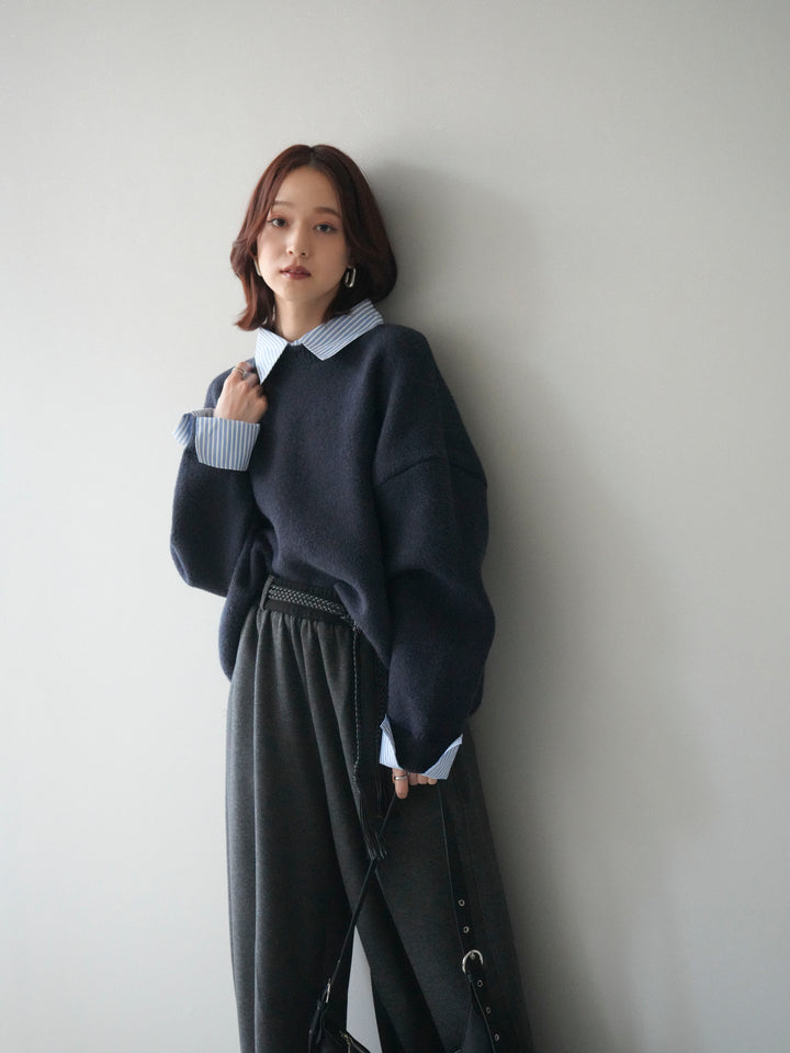 [SET]2WAYストライプ襟ニットプルオーバー+選べるアクセセット(2set)