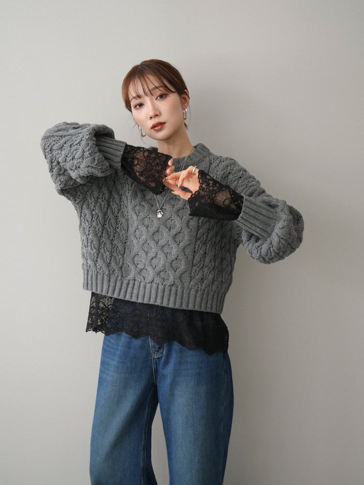[SET]バルキーケーブルクロップドニットプルオーバー+チュールレーストップス(2set)