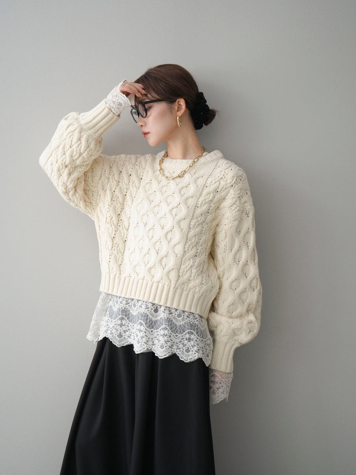 [SET]バルキーケーブルクロップドニットプルオーバー+テープベルトタックバギーパンツ(2set)