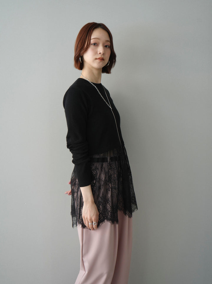 [SET]クルーネックレースドッキングリブニットトップス+ベルト付キーホルダーモチーフワイドパンツ(2set)