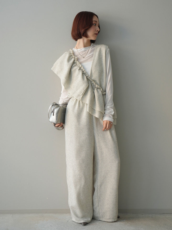 [SET]3WAYミックスツイードギャザーオールインワン+シアープチネックストレッチトップス(2set)