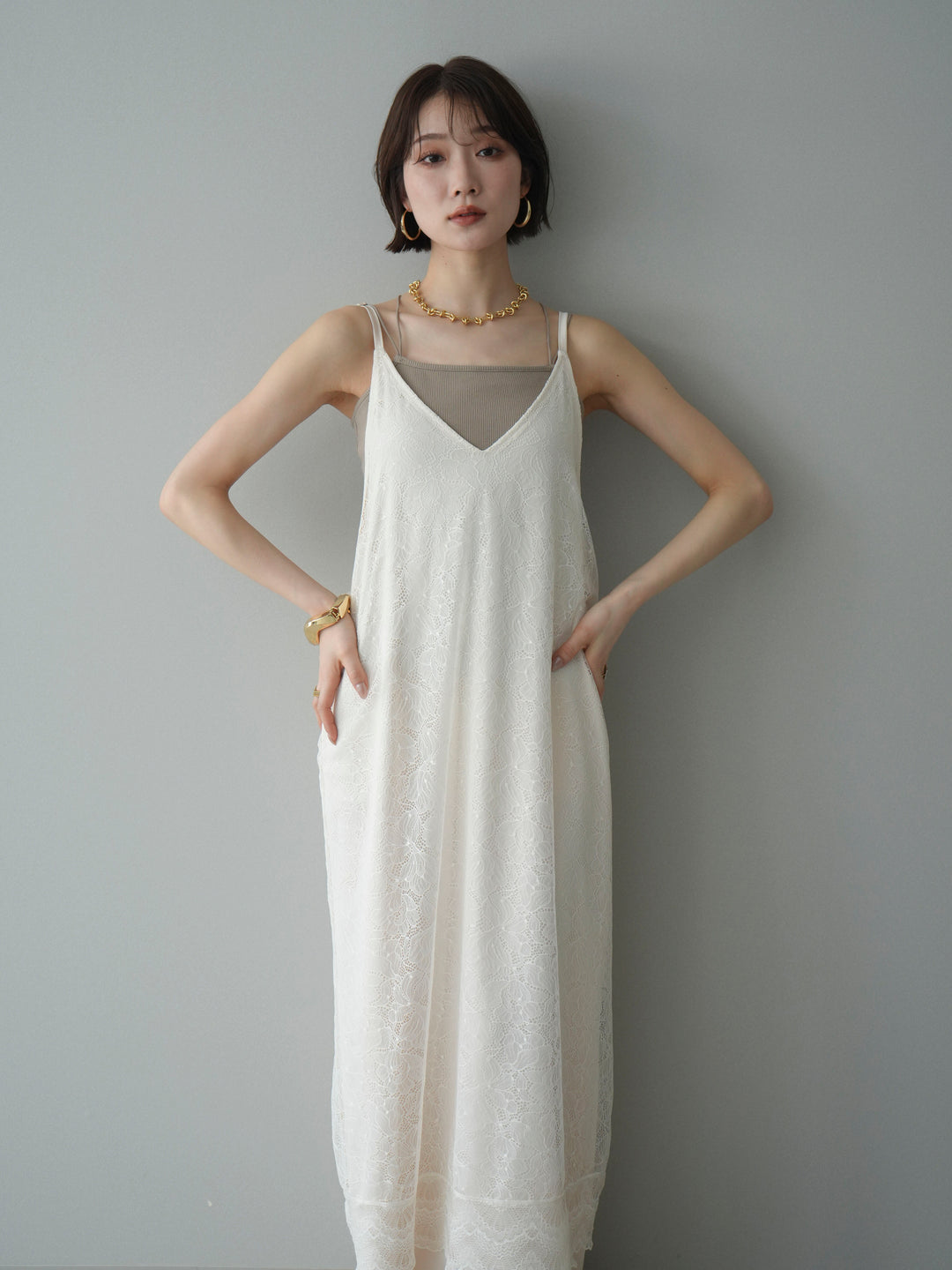 [予約]サテンレースレイヤードキャミワンピース/ivory