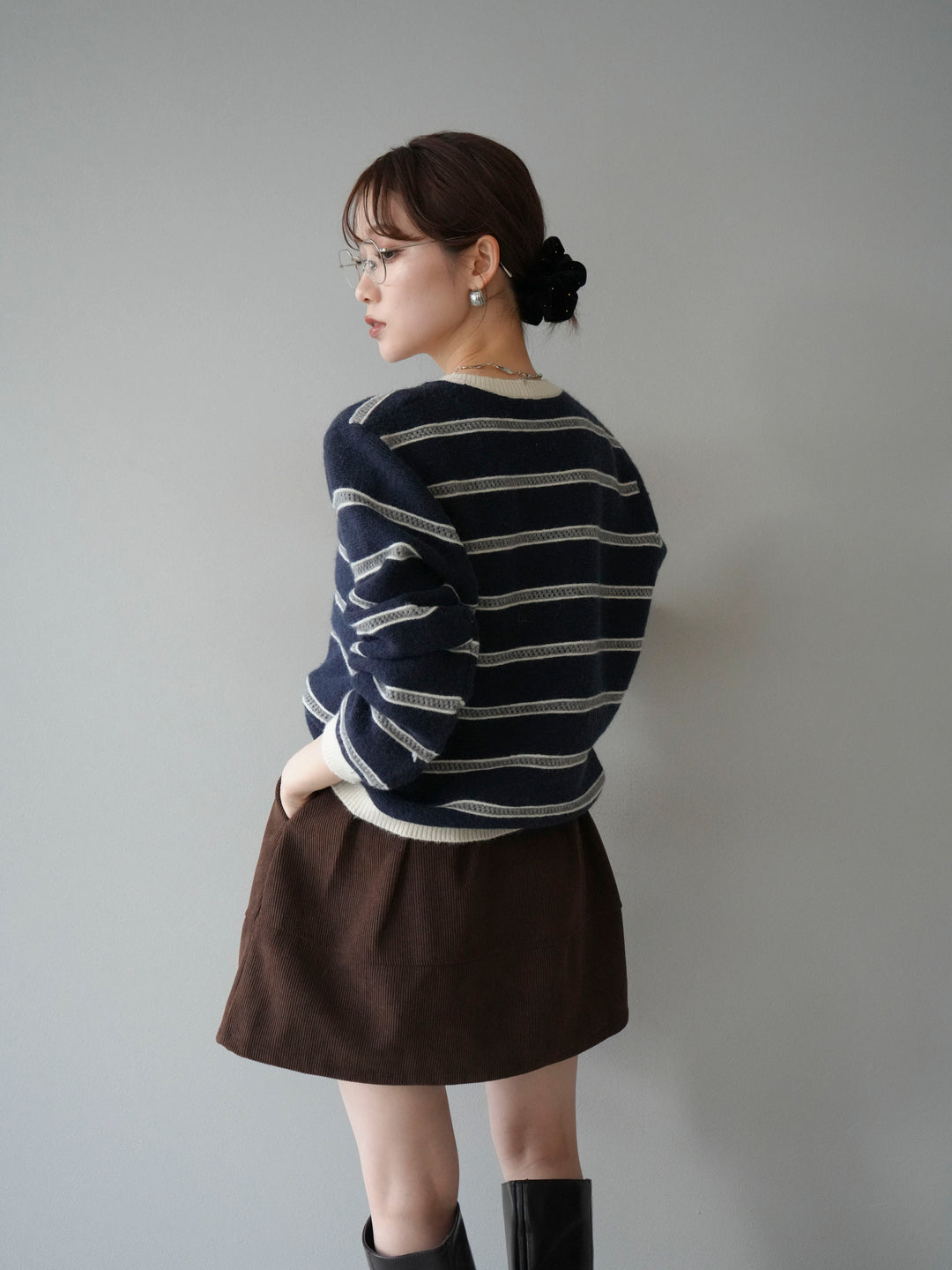 [予約]配色ボーダーニットカーディガン/navy