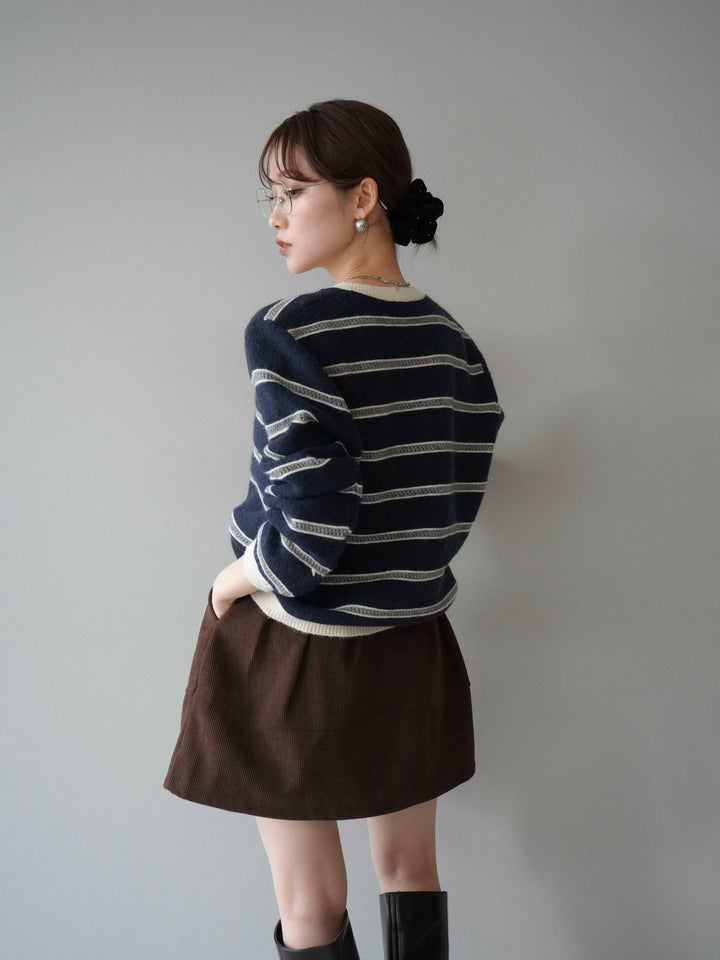 [予約]配色ボーダーニットカーディガン/navy