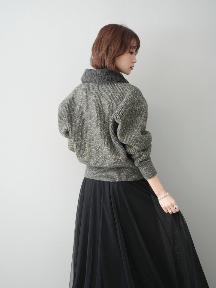 [SET]襟ボアミックスヤーンニットカーディガン+選べるアクセセット(2set)