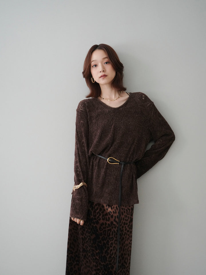 [SET]モール透かし編みニットトップス+レオパードベロアナロースカート(2set)