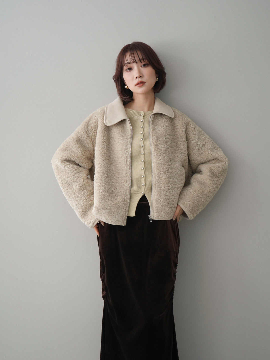 [予約]スエード襟ボアショートジャケット/beige