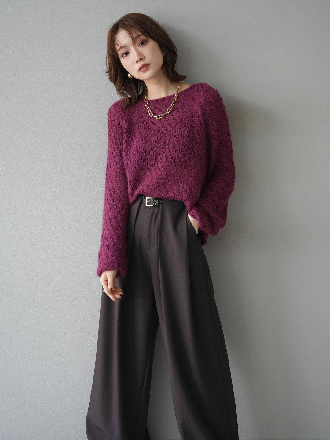 【着回しセット】[SET]求心柄クロップドニットカーディガン+異素材ミックスヤーンニットプルオーバー+ベルトループデザインワイドパンツ(3set)