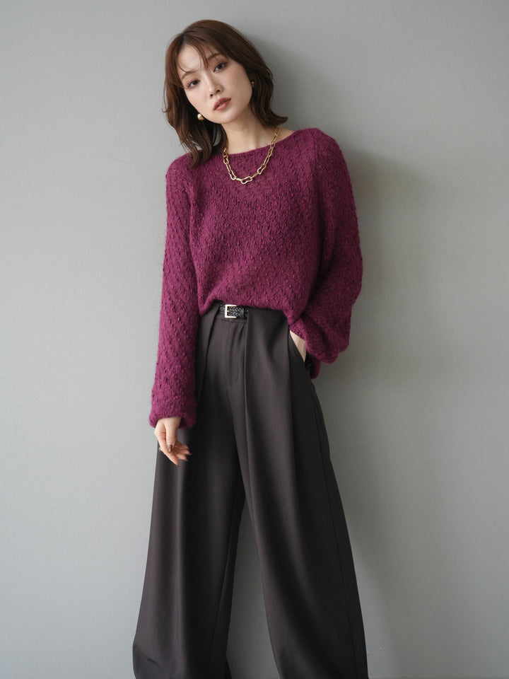 【着回しセット】[SET]求心柄クロップドニットカーディガン+異素材ミックスヤーンニットプルオーバー+ベルトループデザインワイドパンツ(3set)