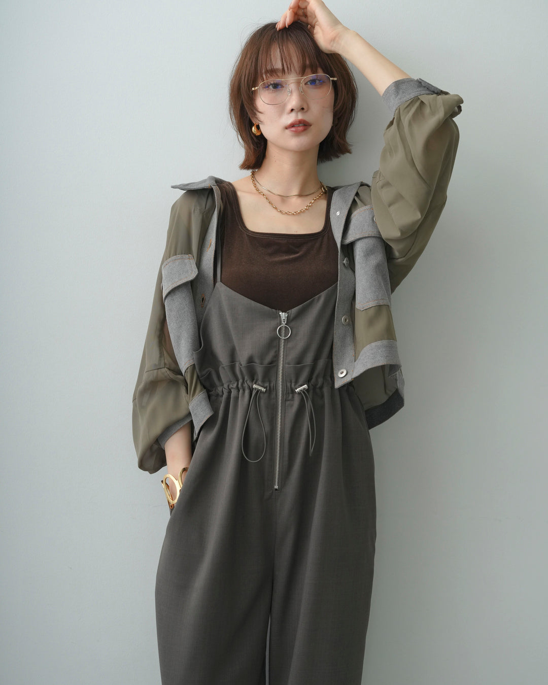 [SET]ドロストデザインキャミオールインワン+前後2wayベロアタンクトップ+シアーコンビデニムショートジャケット(3set)