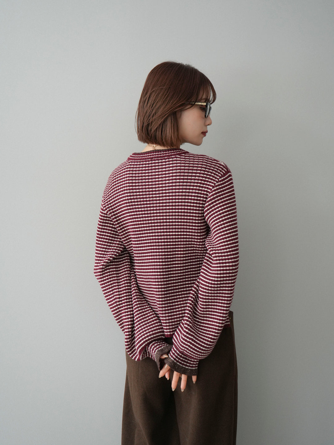 [予約]ラメ異素材ボーダーリブニットプルオーバー/bordeaux×brown