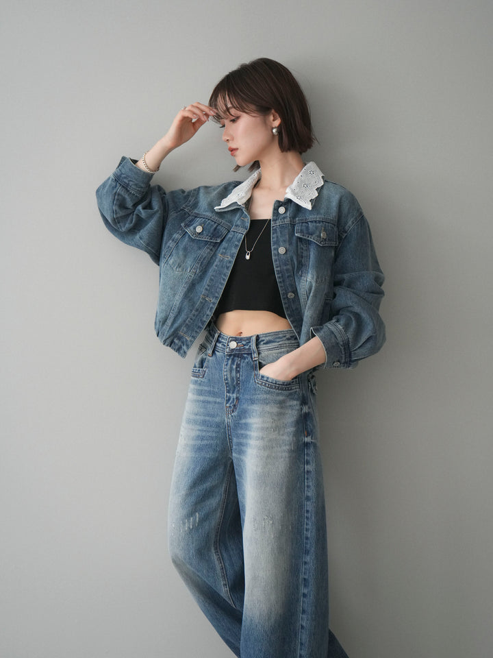 [SET]襟レースデニムショートジャケット+選べるアクセセット(2set)