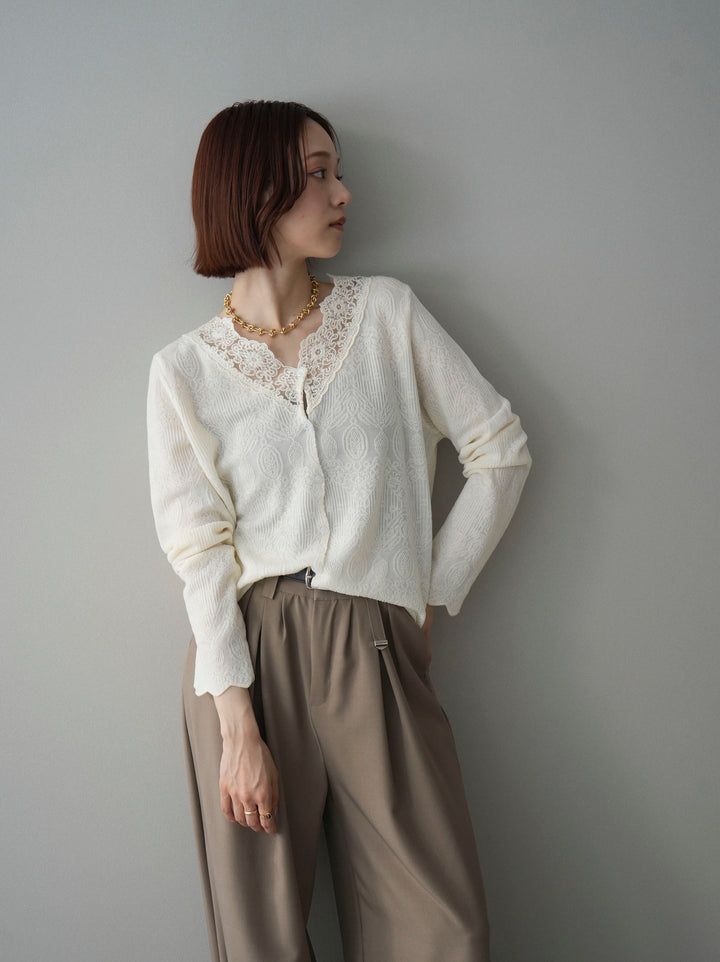 [SET]レースネックジャガードニットカーディガン+ベルト付キーホルダーモチーフワイドパンツ(2set)