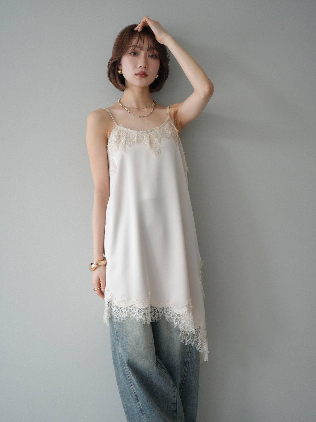 [SET]アシンメトリーサテンレースキャミソール+アシンメトリーサテンレースキャミソール(2set)