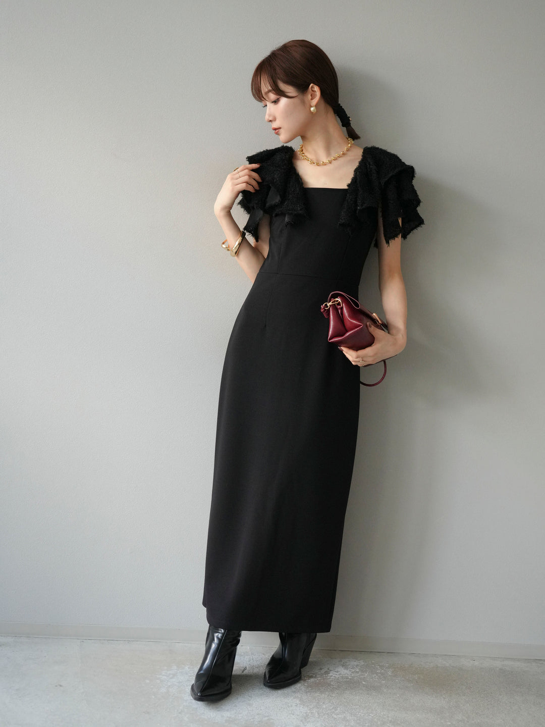 [予約]ジャガードフレアスリーブドレス/ブラック