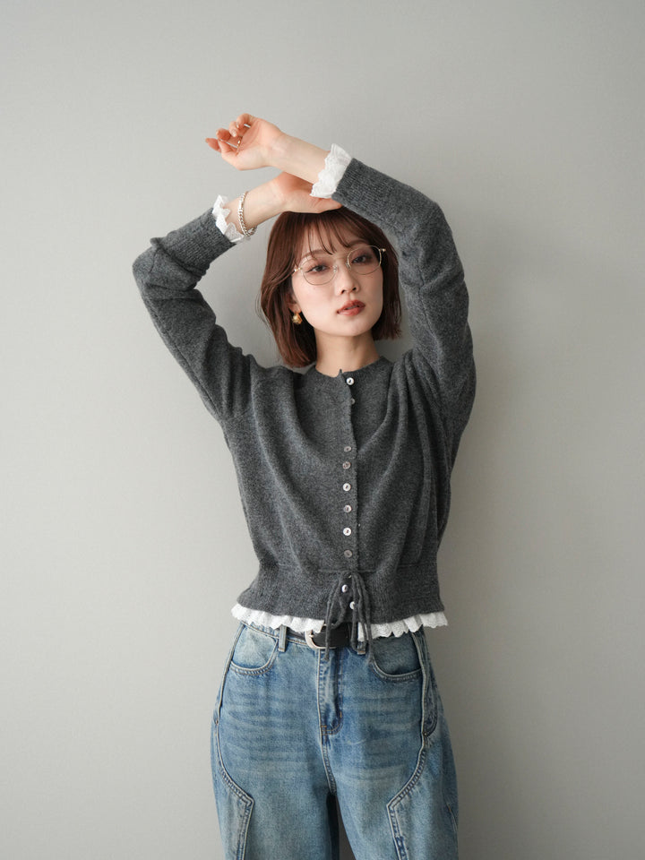 [SET]スカラップレース切り替ニットカーディガン+選べるアクセセット(2set)