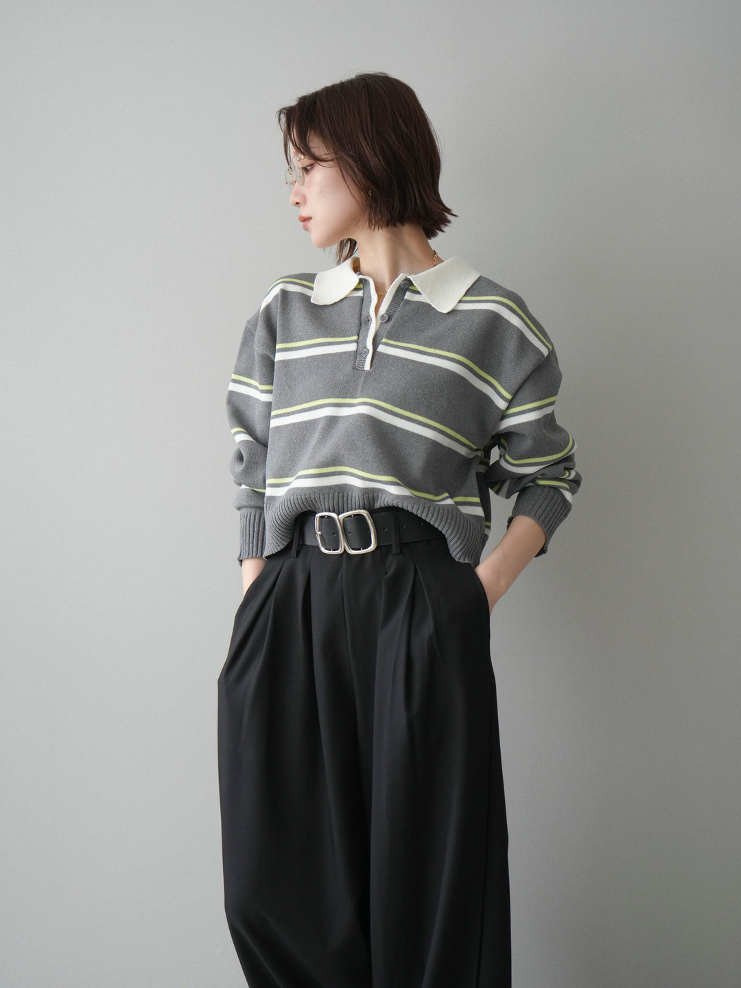 【預購】多條紋polo針織衫/灰色