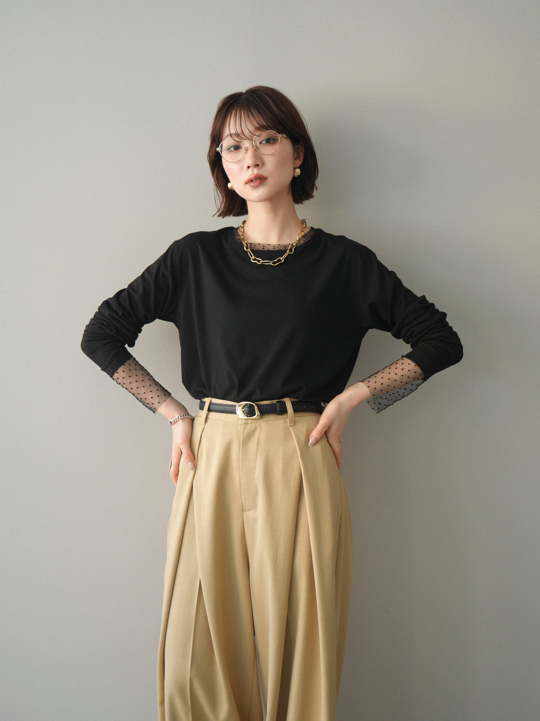 [SET]ドットチュールレイヤードカットソー+選べるアクセセット(2set)